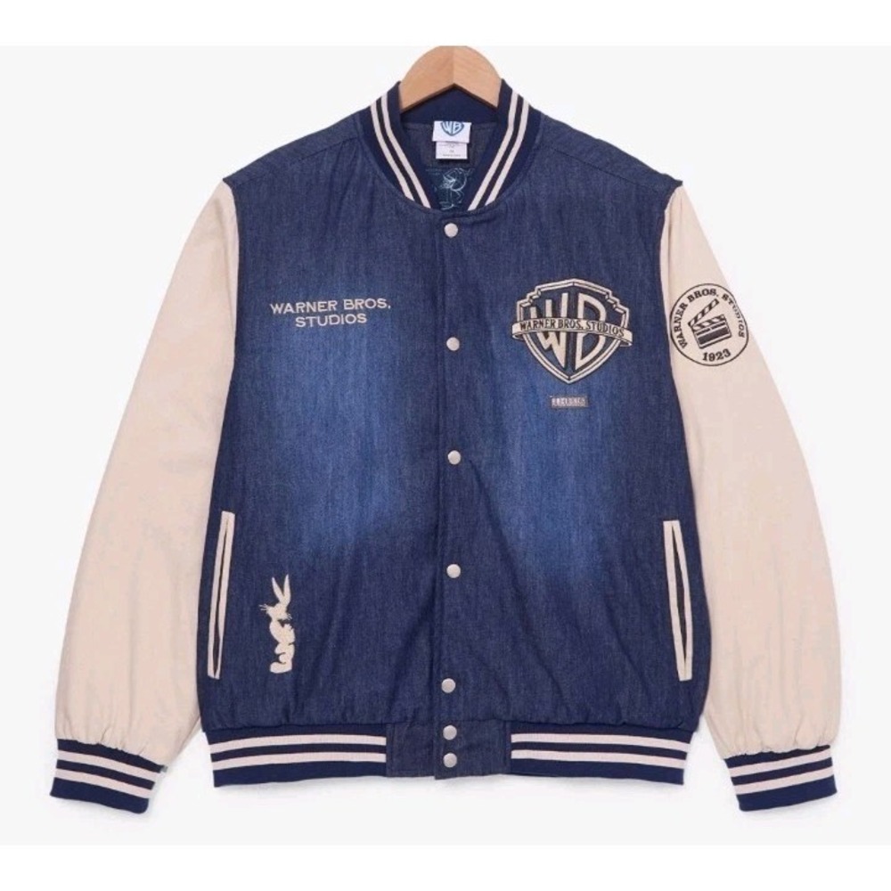 NEW Warner Bros Studio Denim Varsity Jacket Men LG Embroidere Patches Bugs Bunny